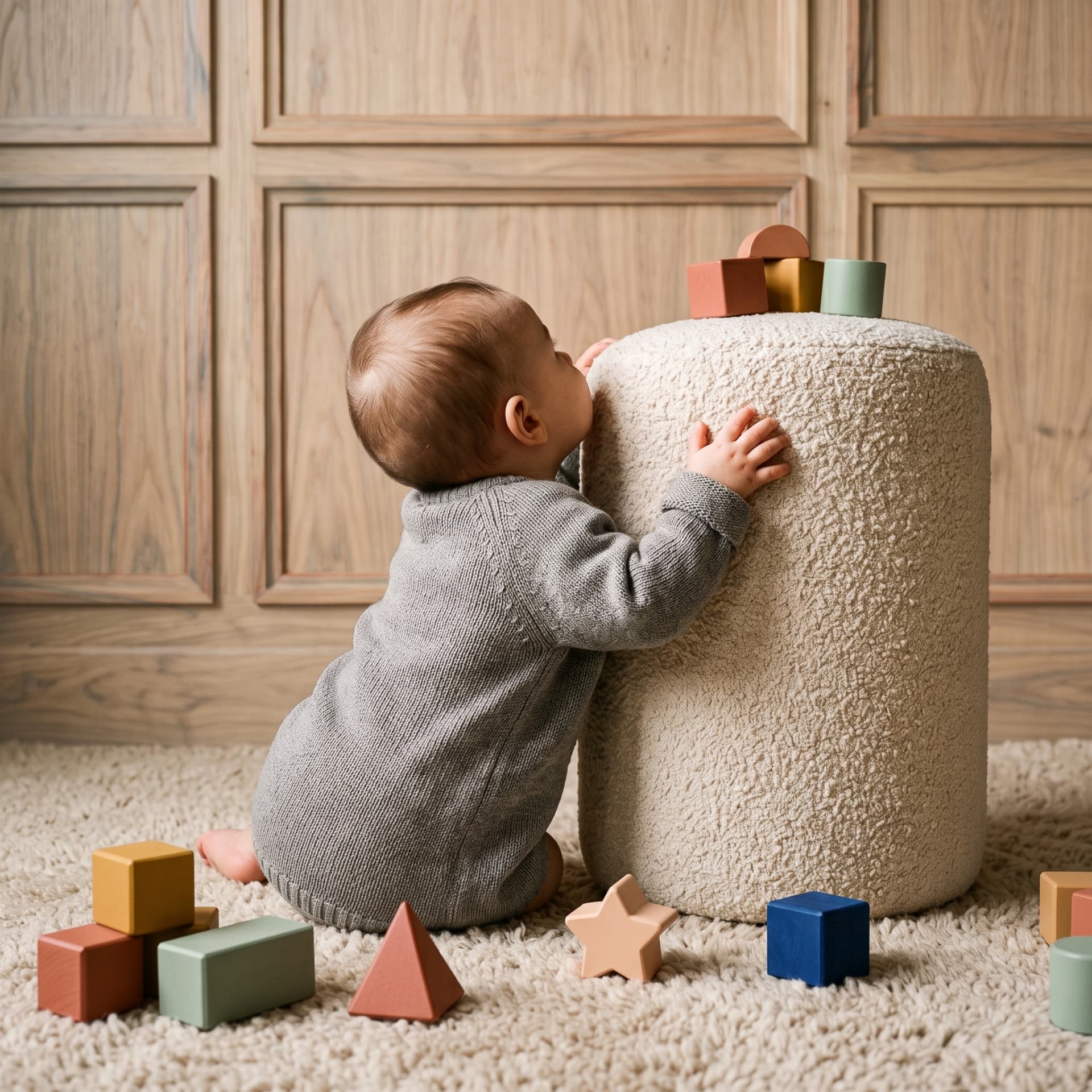 Baby leaning against a soft bouclé ottoman with colorful wooden blocks
