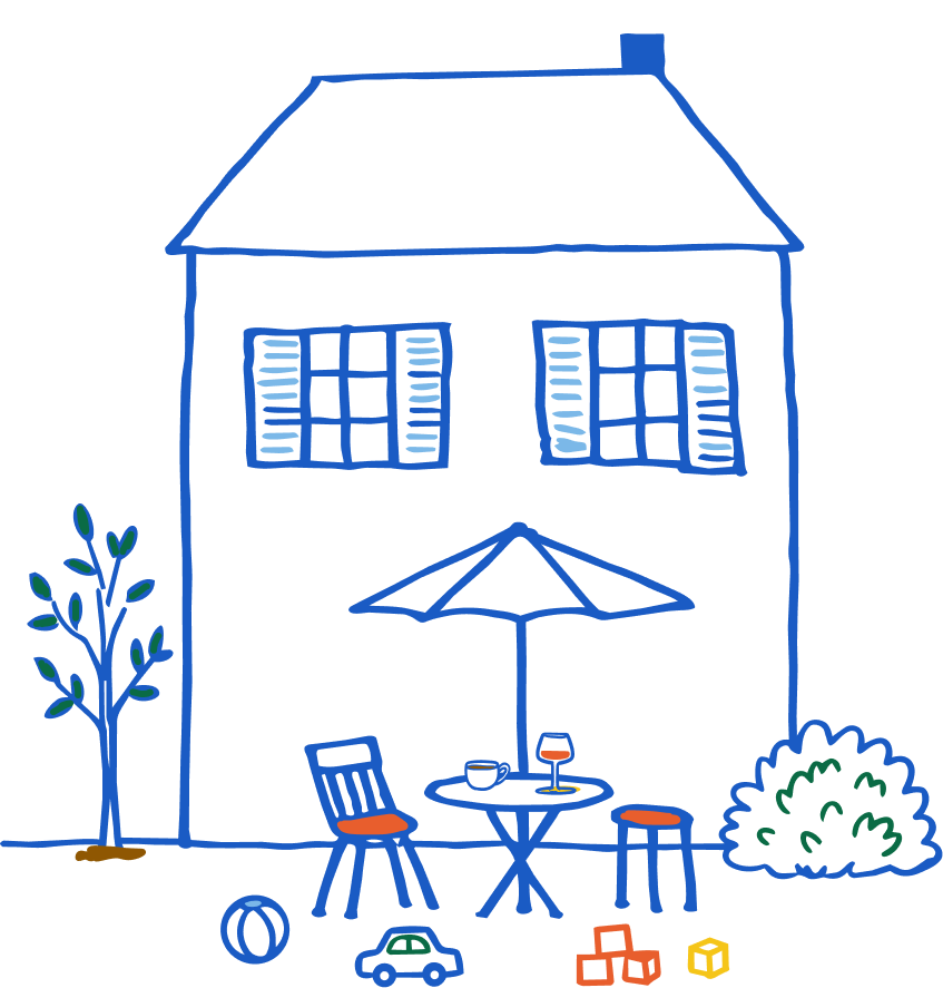 Hand-drawn illustration of the Chez Mamie house with café tables and umbrella