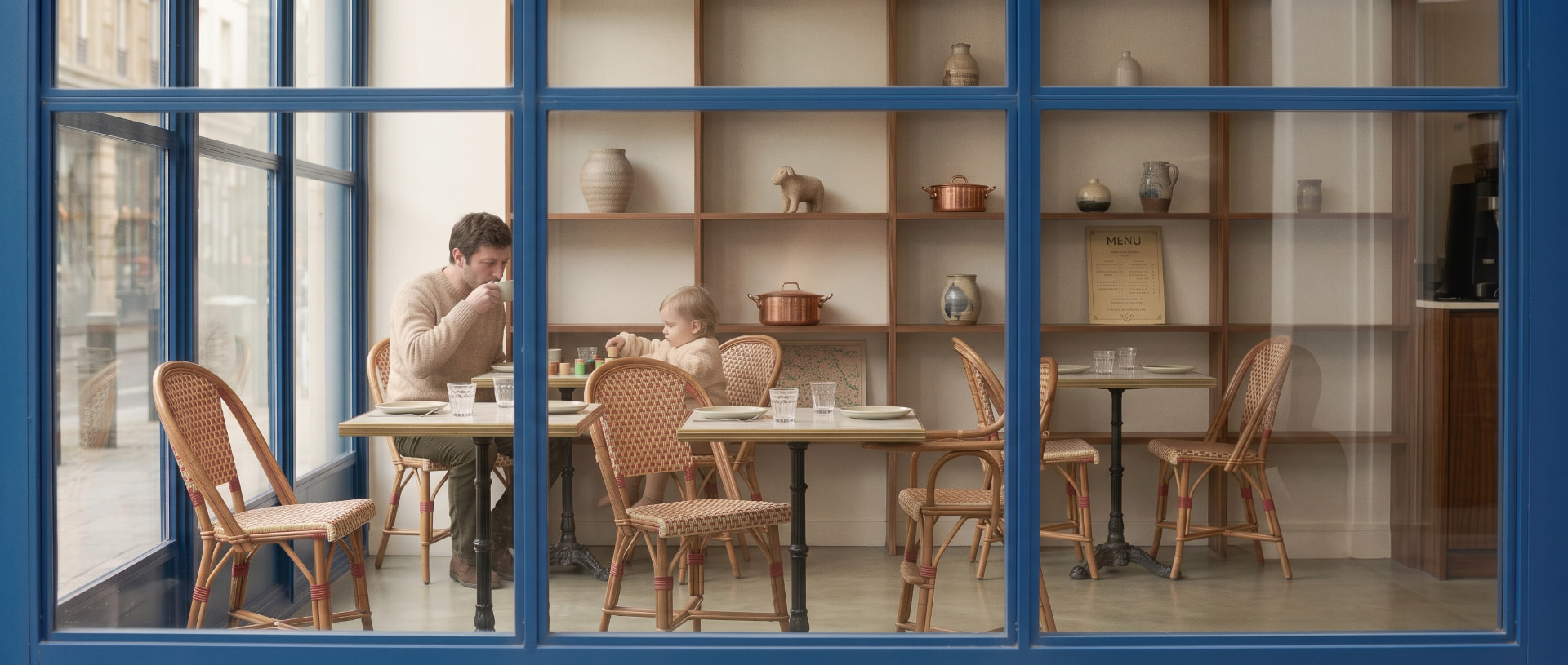 Café interior seen through blue window frames, with a parent and child seated at wicker chairs and tables